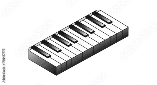 Isometric illustration of a piano keyboard section with black and white keys.