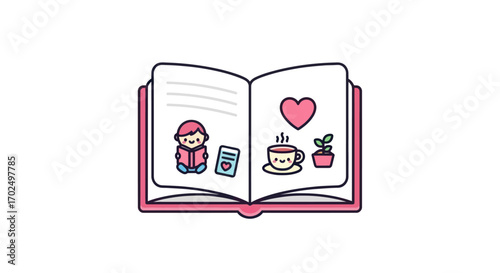 Open Pink Book with Cute Illustrations: Doll Card Coffee Plant and Heart.