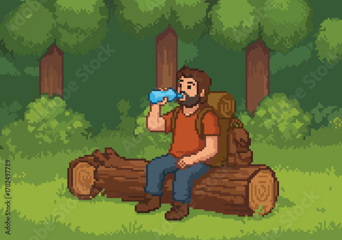 A pixel art illustration of a bearded hiker taking a refreshing water break on a log during a solitary hiking adventure in a lush green forest