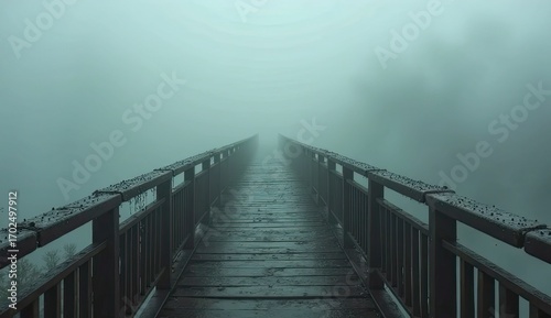 Mysterious wooden bridge fades into dense fog creating an ethereal, atmospheric journey forward
