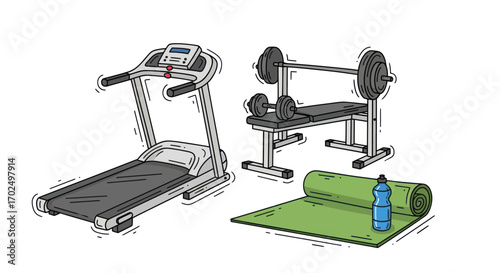 Hand-Drawn Gym Equipment Set: Treadmill Bench Press Mat Bottle.