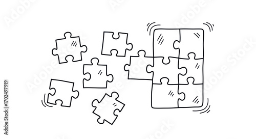 Hand-drawn Jigsaw Puzzle Pieces in Progress.