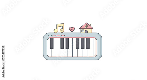 Adorable miniature toy keyboard with musical notes and a tiny house.