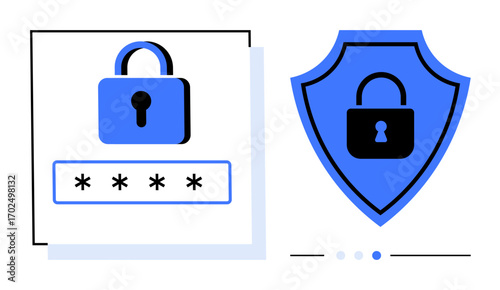 Lock icon with password field and shield with lock symbol. Emphasis on security, encryption, safe access, system protection. Ideal for cybersecurity, privacy policies, app UI, and simple landing page