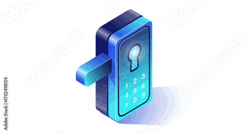 Isometric Digital Smart Lock with Keypad and Handle.