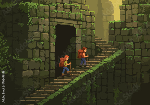 Two adventurers in pixel art style hiking up ancient stone stairs to a mysterious, moss-covered temple deep in a lost jungle