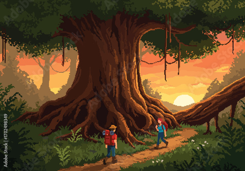 Embark on an enchanting hiking adventure through a majestic forest, where the setting sun casts a warm glow, guiding travelers on their path, with an emphasis on nature's beauty