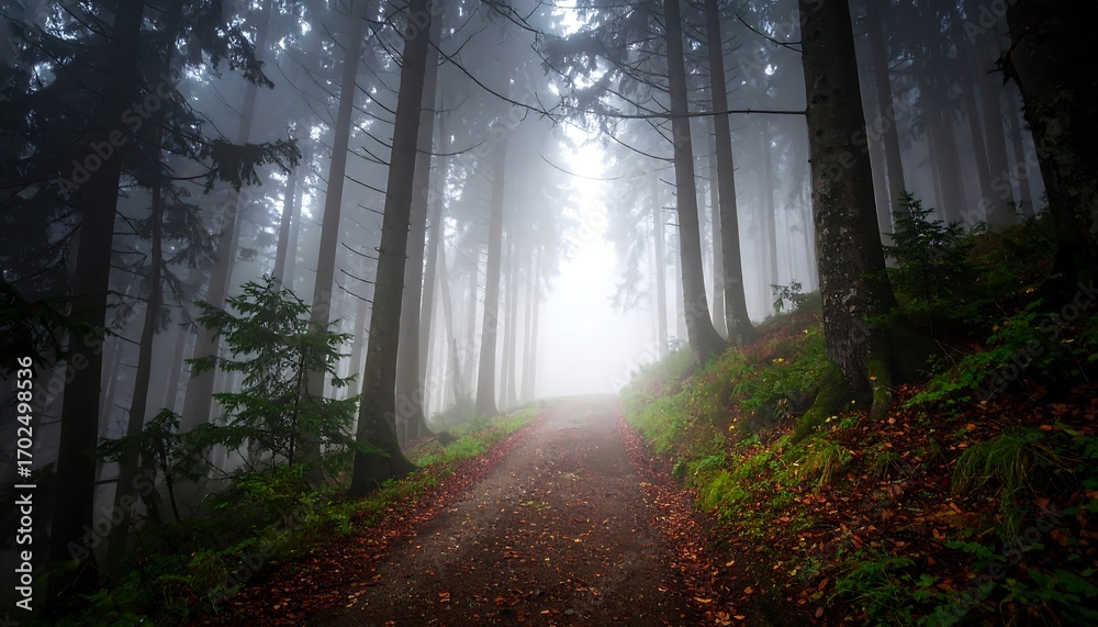 Fototapeta premium A fog-shrouded path winds deep within a lush forest, inviting exploration into the unknown. Trees line the way