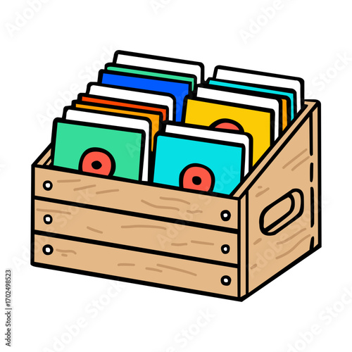 A wooden crate overflowing with a vibrant collection of vinyl record album covers