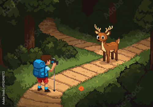 A pixel art illustration of a solo traveler on a forest hiking expedition, capturing a peaceful wildlife encounter with a deer on the path