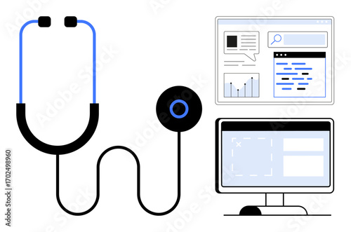 Stethoscope connected with two monitors displaying data, charts, and text. Ideal for healthcare, digital health, telemedicine, innovation, medical research, data analysis simple landing page