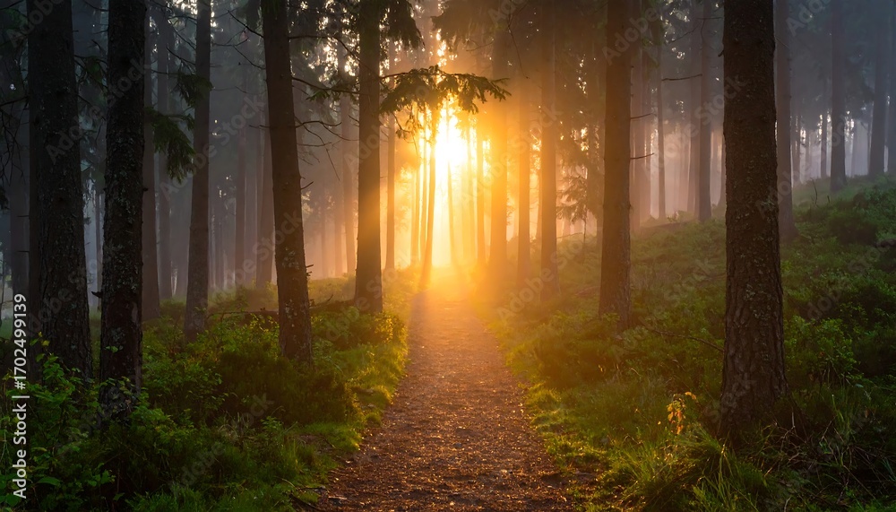 Fototapeta premium A forest path bathed in golden sunlight filtering through tall trees creates a serene, ethereal scene