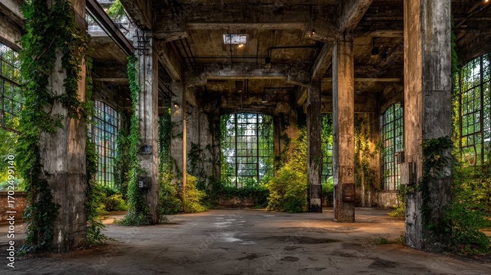 Fototapeta premium Abandoned Industrial Interior with Greenery: Nature Reclaiming Structure in a Distressed Space