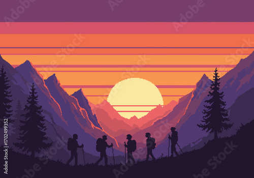 Pixel art illustration of a group of hikers on a mountain trail at sunset, with a vibrant orange and purple sky and silhouetted pine trees