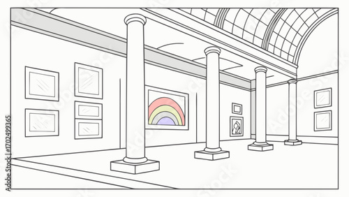 Illustration of a museum art gallery with columns and paintings for design and educational purposes