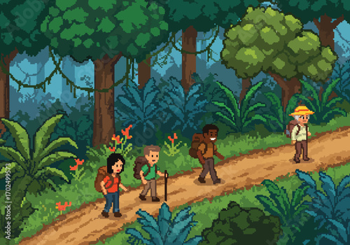 Pixel art illustration of a diverse group of friends on a scenic hiking adventure, trekking along a path through a lush jungle
