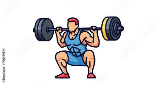 Cartoon illustration of muscular man performing barbell squat workout.