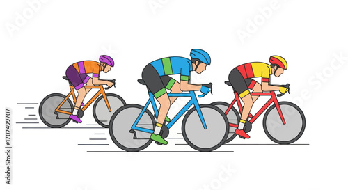 Three Colorful Cyclists Racing on Bicycles in Dynamic Illustration.