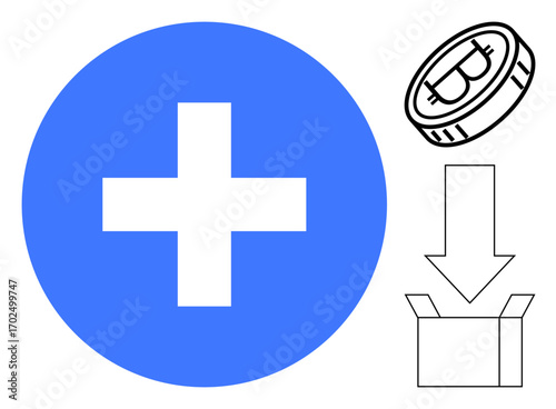 Blue first aid cross, Bitcoin coin, arrow pointing toward a box. Ideal for finance, blockchain, cryptocurrency, healthcare, saving technology donation themes. Minimalist flat metaphor
