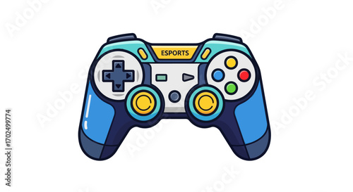 Cartoon-Style Blue and White Video Game Controller.