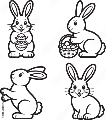 Set of Easter bunny Outline vector illustration isolated On Transparent Background
