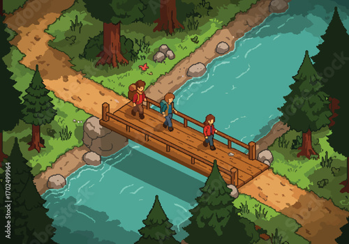 Illustration depicting a group of people hiking across a wooden bridge over a river in a forest, enjoying a scenic outdoor adventure