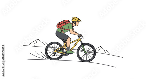 Mountain Biker on a Trail Colorful Cartoon Style.