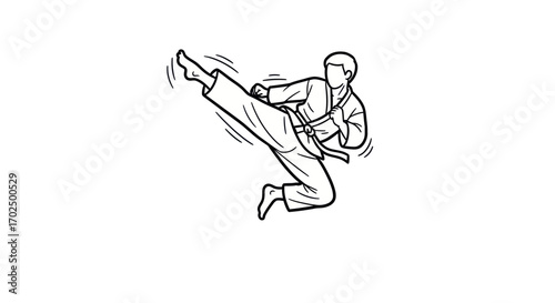 Dynamic black and white line art of martial artist performing a powerful high kick.