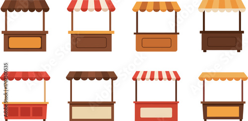 market stalls with colorful canopies and wooden designs