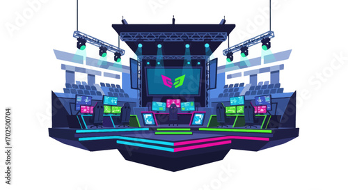 Esports Stage Design with Neon Lights and Screens.
