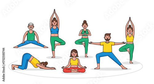 Diverse Group Practicing Yoga Poses Together in a Studio Setting.
