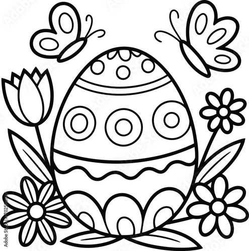 Whimsical black and white outline illustration of a decorated easter egg surrounded by spring flowers and fluttering butterflies perfect for coloring