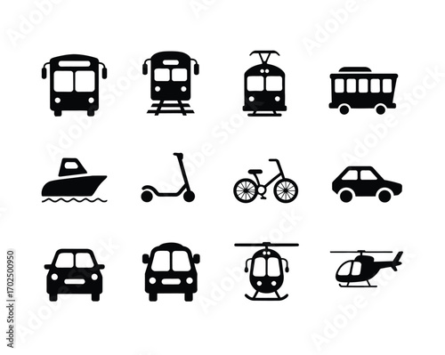A grid of minimalist black glyph icons featuring a diverse collection of public and private transportation vehicles for web and graphic design