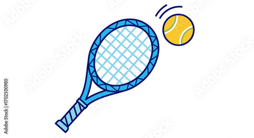 Cartoon blue tennis racket and yellow ball with motion lines illustration.