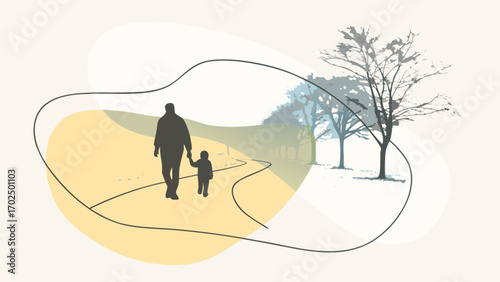 Father and child walking in park vector illustration for family love and togetherness concept art design