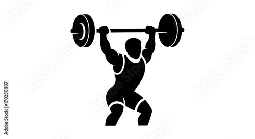 Silhouette of a weightlifter performing an overhead lift with a barbell.