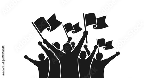 Silhouette of a Crowd Protesting with Flags Raised in the Air.