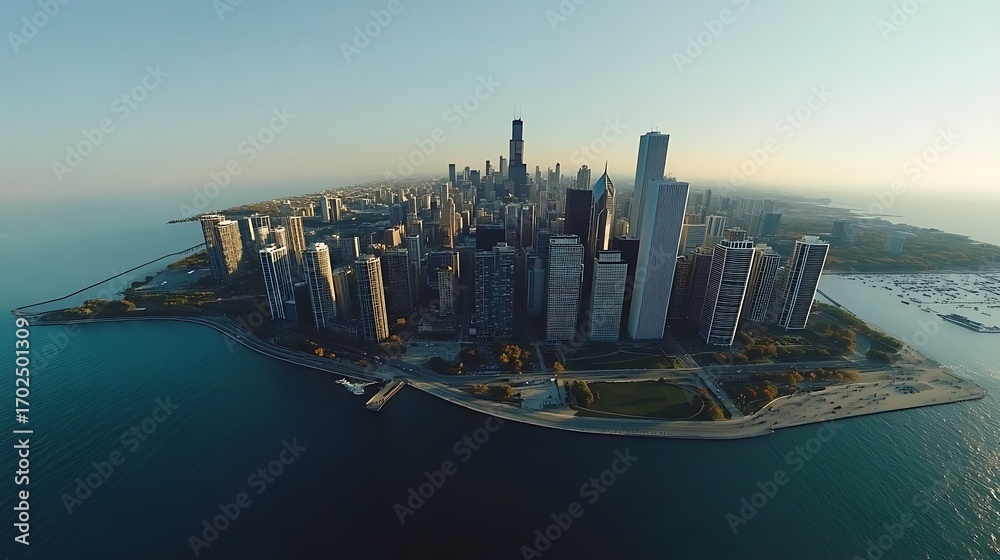 Obraz premium Wide angle panoramic skyline of chicago cityscape with tall skyscrapers picture
