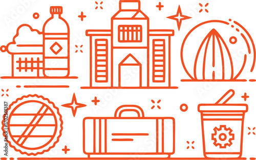 Orange Line Art Icons of Building and Objects house