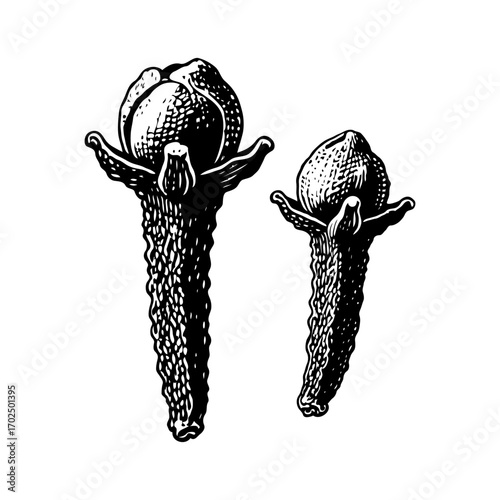 Hand-drawn illustration of two clove buds in black and white style on a white background, representing botanical herb and spice concepts