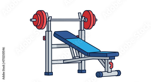 Illustrated weight bench with barbell and red plates for fitness training.