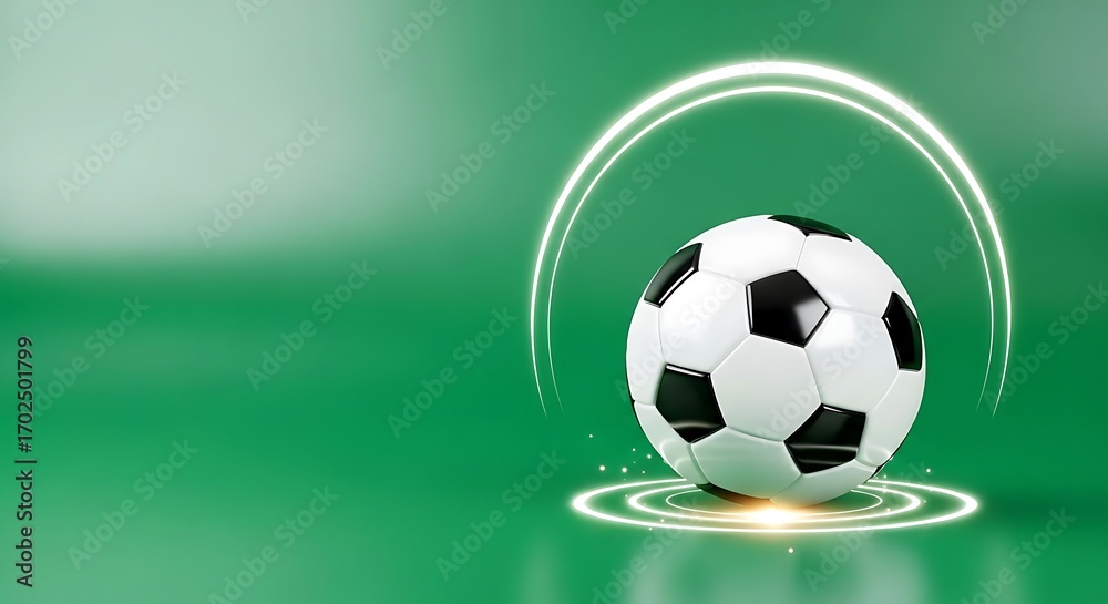 Fototapeta premium White Soccer Ball with Hexagon Panels on Glossy Emerald Green