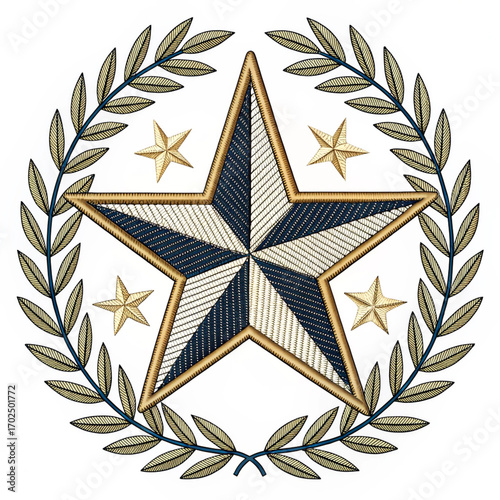 Golden laurel wreath illustration with stars medal and decorative leaves design