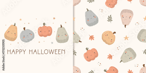 Seamless pattern with cute pumpkins. Halloween autumn background. Pastel color. Design for fabric, textile, kids and baby apparel, wrapping paper, wallpaper and etc
