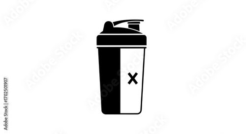 Black and white protein shaker bottle icon with an X mark.