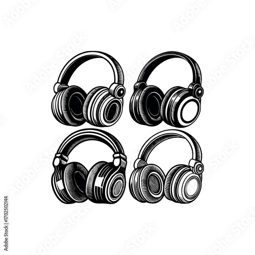 Detailed line art drawing featuring a symmetrical grid of modern headphones