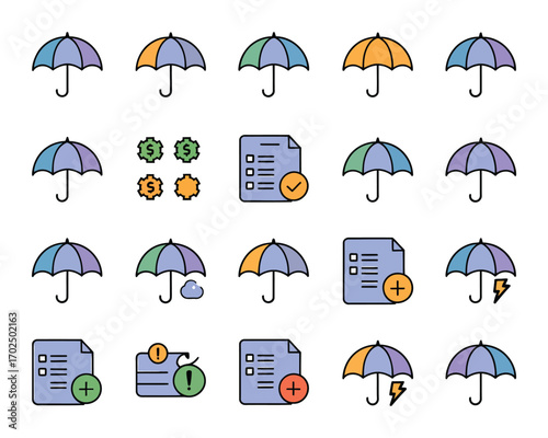 A collection of colorful insurance and risk management icons, featuring umbrellas, contracts, and financial symbols in a grid layout for business concepts