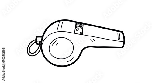 Hand-drawn black and white line art illustration of a classic sports whistle with a ring.