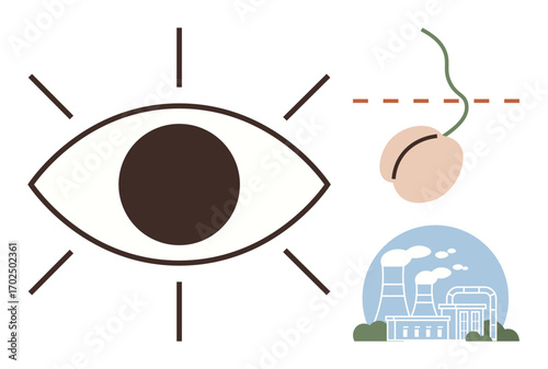 Eye emitting awareness, sprout symbolizing growth, and factory representing industrial activity and pollution. Ideal for sustainability, surveillance, ecology, industry, awareness, climate growth