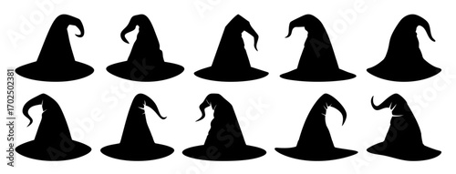 Witch Hat Silhouette Vector Set, Crooked Halloween Icon, Isolated Transparent Background